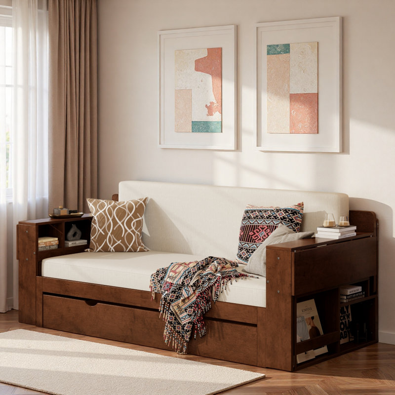 Multifunctional Daybed With Storage Drawer, Open Compartments And Hydraulic Side Table, Brown