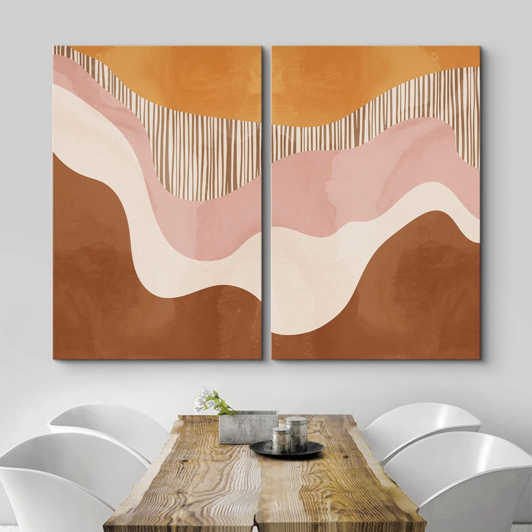 Mid Century Shape Mid-Century Pastel Orange Pink Brown Color Field Abstract Shapes Modern Chic On Canvas 2 Pieces Print IDEA4WALL 