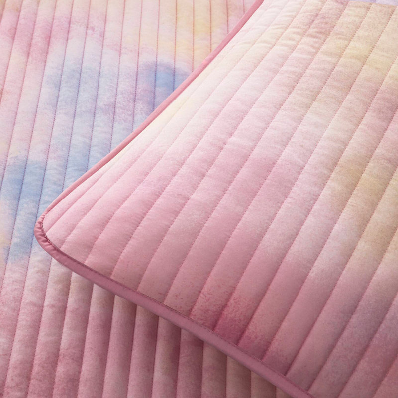 Ensemble de courtepointe à imprimé teinture 3 pièces avec coussins décoratifs, Twin Quilt + 2 Additional Pieces, Pink