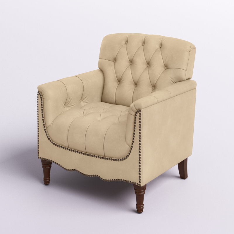 Annja 32" W Tufted Leather Armchair, Beige Pebbled Genuine Leather