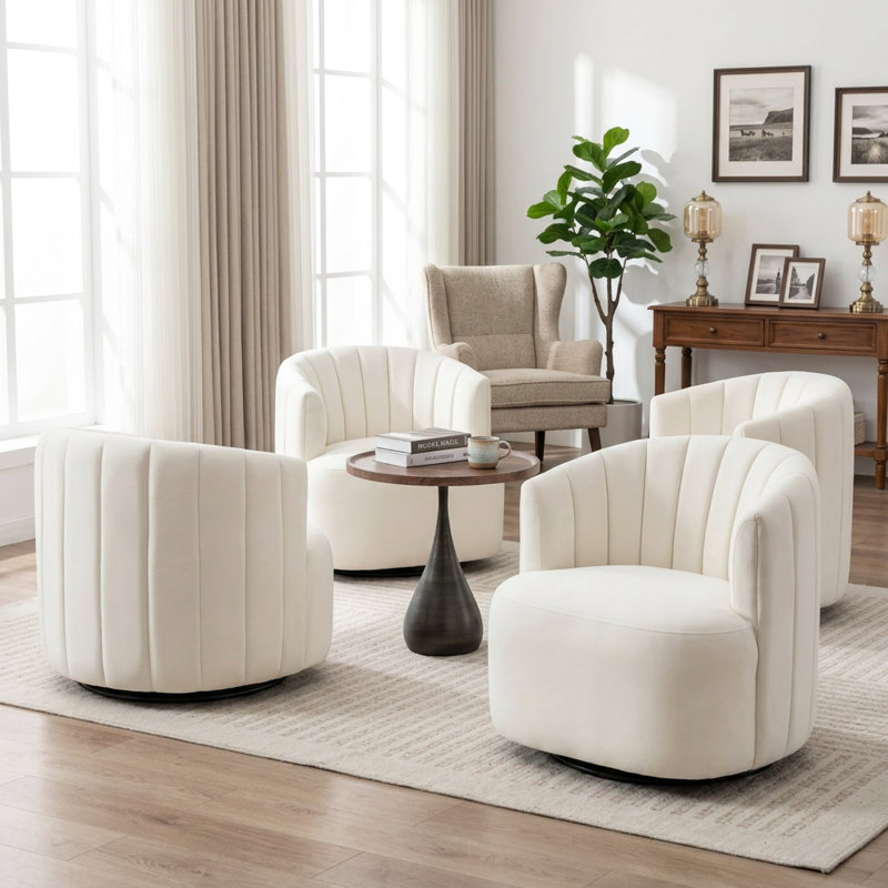 Fauteuil demi-tonneau pivotant en velours Stanford, Beige