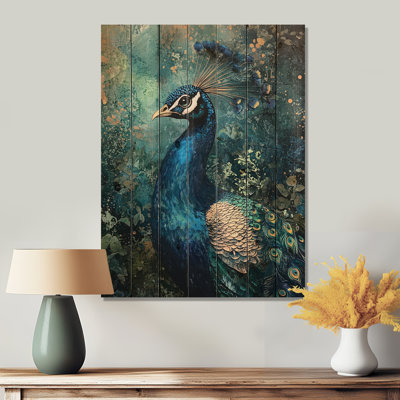 Paon à la barrière de jardin - Décoration murale en bois d'oiseau - sur bois de pin naturel
