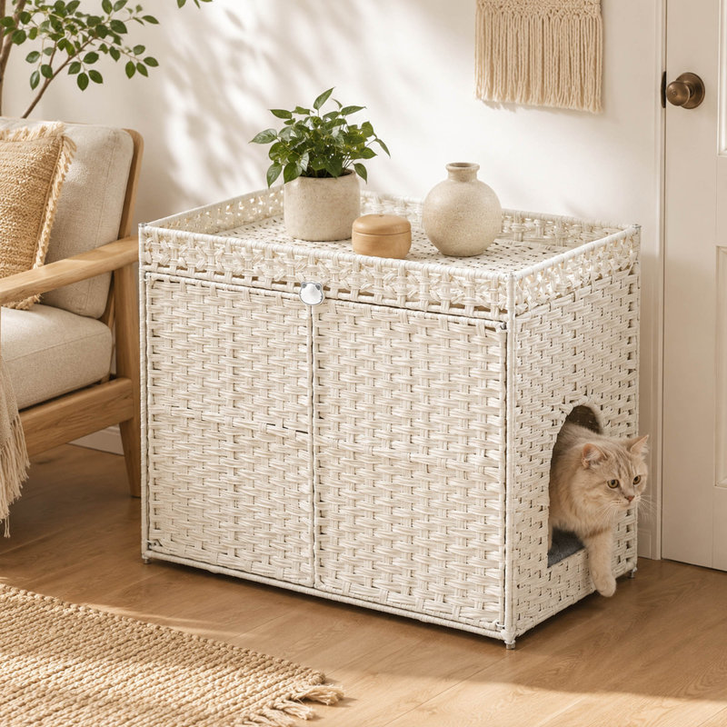 Enceinte de litière 30 po en rotin blanc, tapis et crochets, Blanc