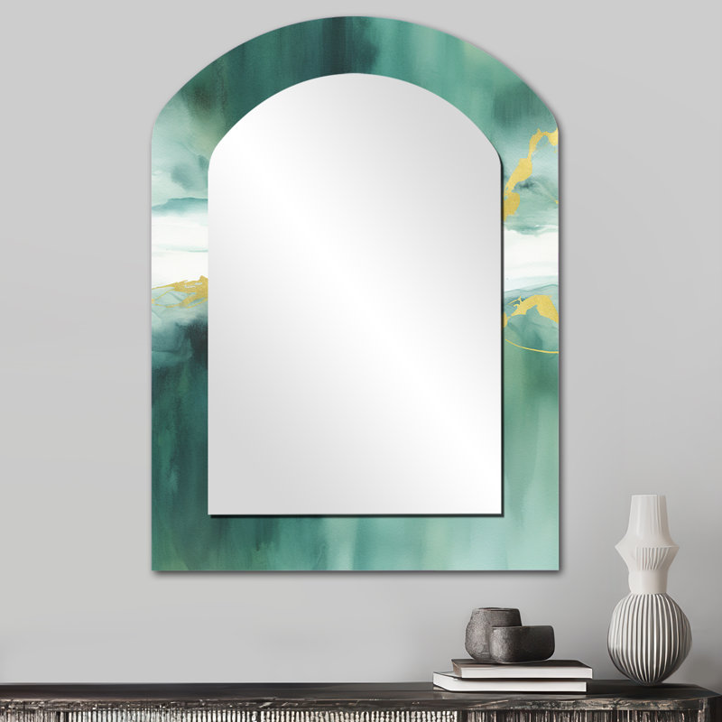Blue Watercolor Impression with Gold V - Fractals Arch Unique Wall Mirror Decor, Blue Asymmetrical Large Mirror, Printed Metal Art