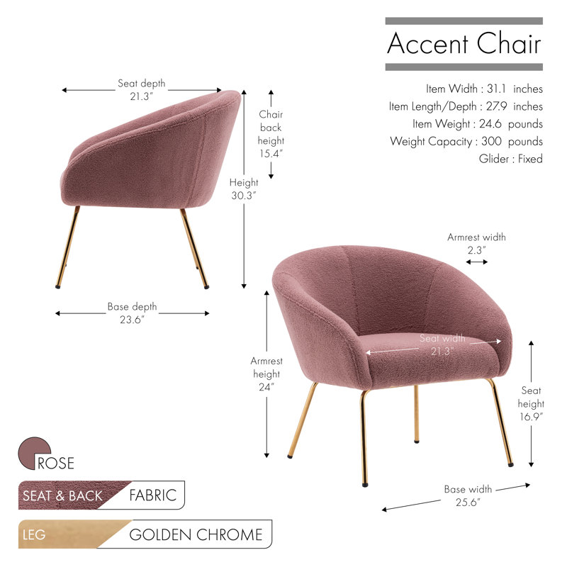 Fabric Upholstered Accent Chair with Gold Chrome Legs, Rose Polyester Blend