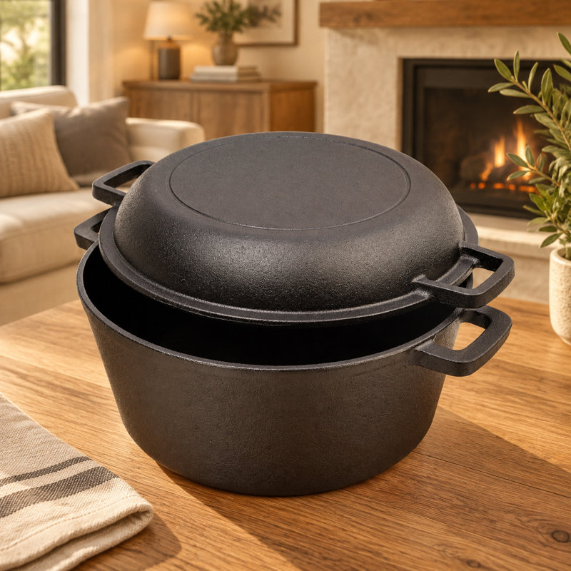 Cocotte en fonte pré-assaisonnée 2 en 1 avec deux poignées, fond de camping extérieur