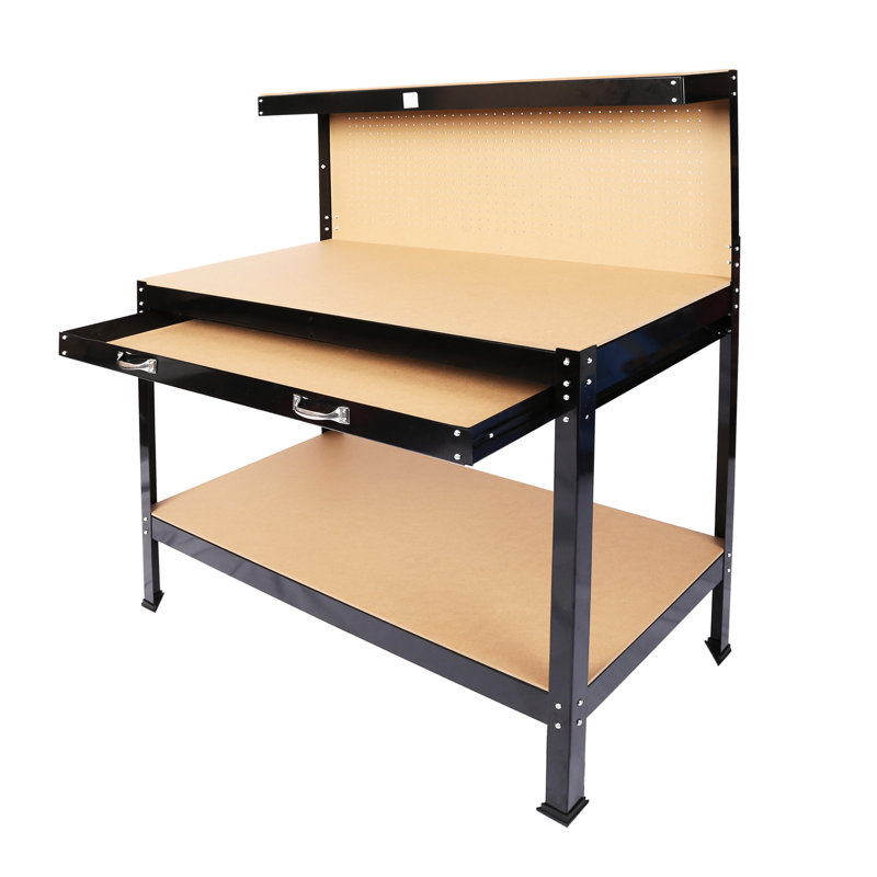 Workbench 115Cm, 300Lbs Capacity, Black Steel Frame, Worktop, Waterproof, Rust-, Garage Workstation Toolbench