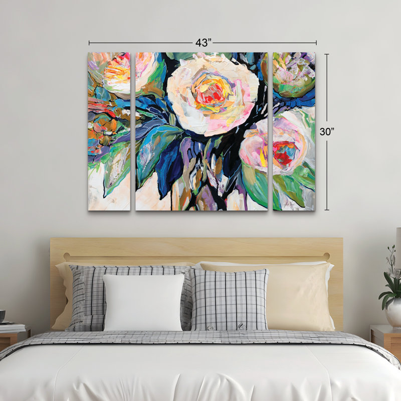 Ensemble de 3 panneaux muraux - "Whitney Bouquet" par Jeanette Vertentes, art mural sur toile pour le salon, la chambre à coucher ou le bureau 