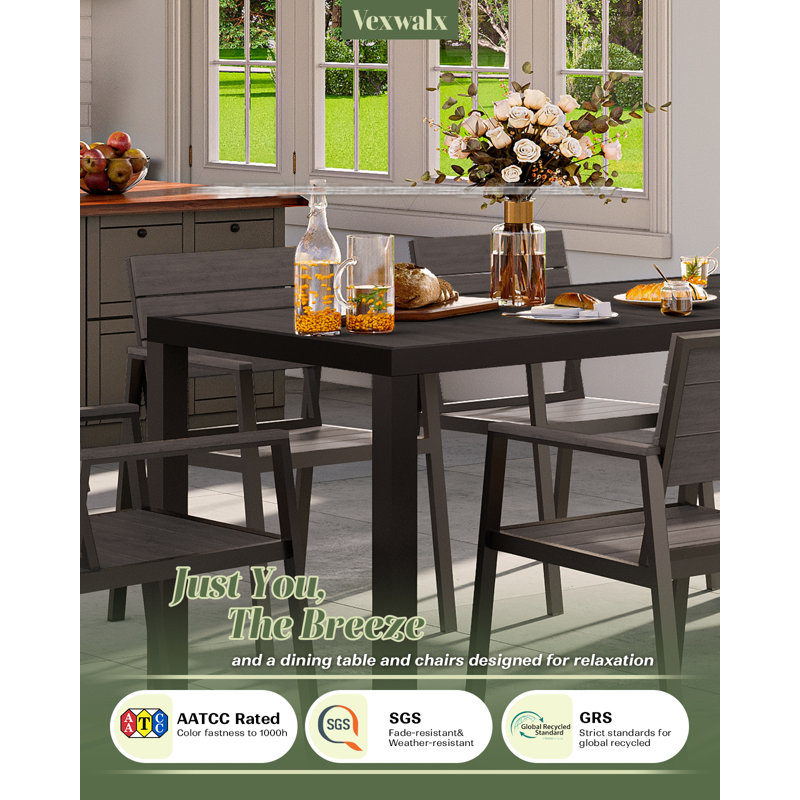 Table de jardin rectangulaire de 170 cm (67 po) avec structure en aluminium, plateau en polystyrène expansé imitation bois et trou pour parasol de 4 cm (1,6 po).