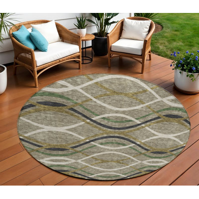 8' Beige Round Abstract Washable Indoor Outdoor Area Rug