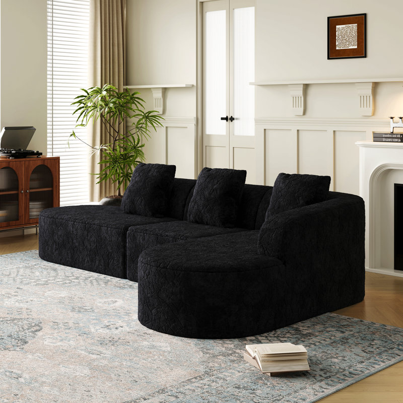 Canapé modulaire incurvé en forme de L de 111,8 pouces, design moderne avec tissu en polyester à poils longs texturé litchi, dossier incurvé avec trois coussins