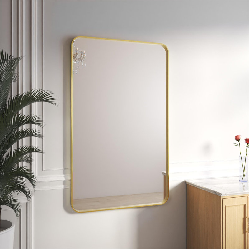Élégant miroir encadré en aluminium avec coin arrondi pour une décoration intérieure élégante, 60 po x 36 po, Or brossé
