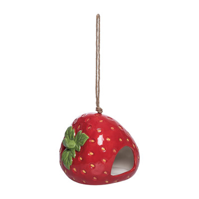 Dolomite Fly Through Strawberry Bird Feeder, Red, Ceramic, Hanging, Outdoor, Spring, Garden
