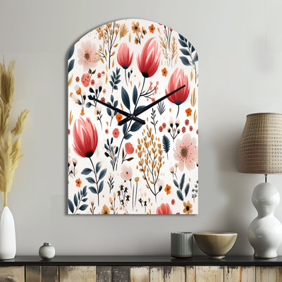Motif floral de charme rustique rose rustique - grande horloge murale rose en forme d'arche - forme unique