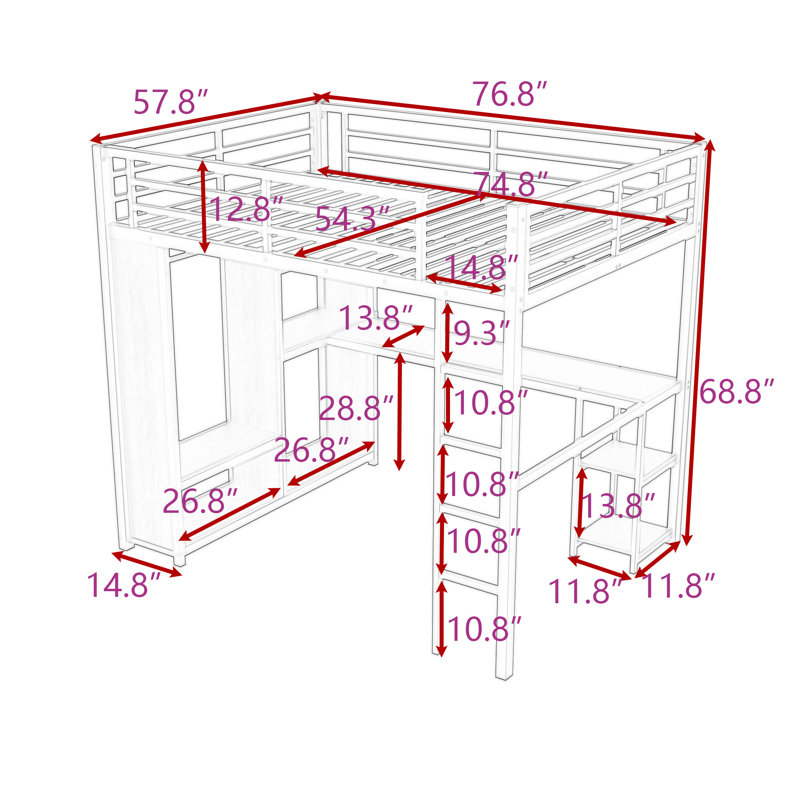 Metal Loft Bed with Wardrobe and Desk,Shelves, Black, Full