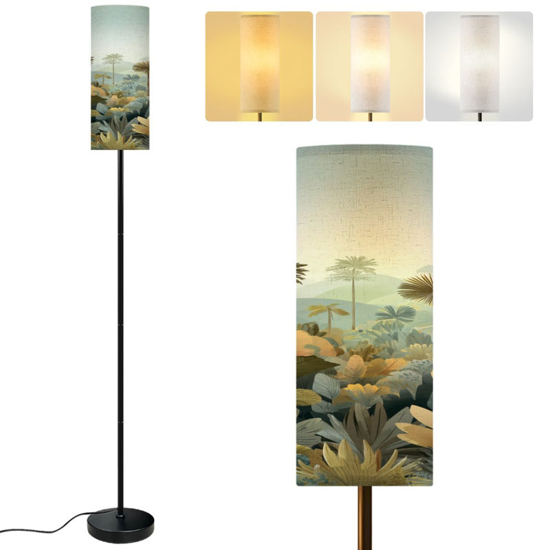  Lampe sur pied de 68,5 po avec paysage tropical botanique rétro, palmier, bananier, lampe à poteau en métal à intensité variable avec abat-jour en lin, ampoule DEL incluse