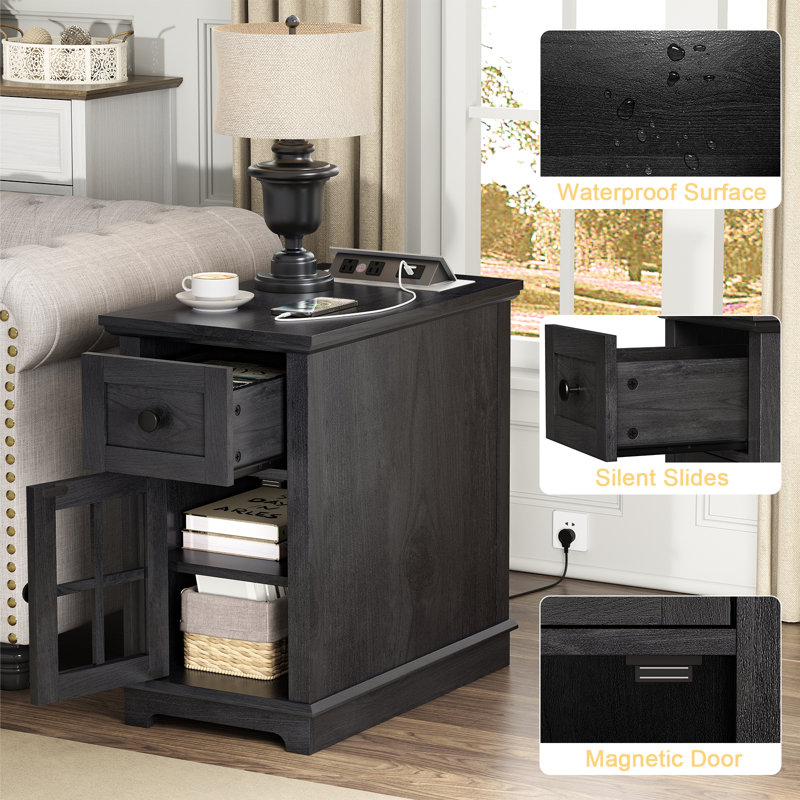 Binyameen 1 Drawer Nightstand for Bedroom with Storage and Built-in outlets, Black/Black