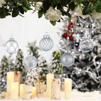 Ornements en forme de boule de Noël 30 carats - 60 mm / 2,36 po, boules de Noël en plastique transparent incassables avec décorations d'arbre de Noël délicates et mousseuses (argent)