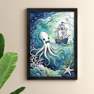 «Octopus and a Ship in the Ocean», art mural sur toile noir