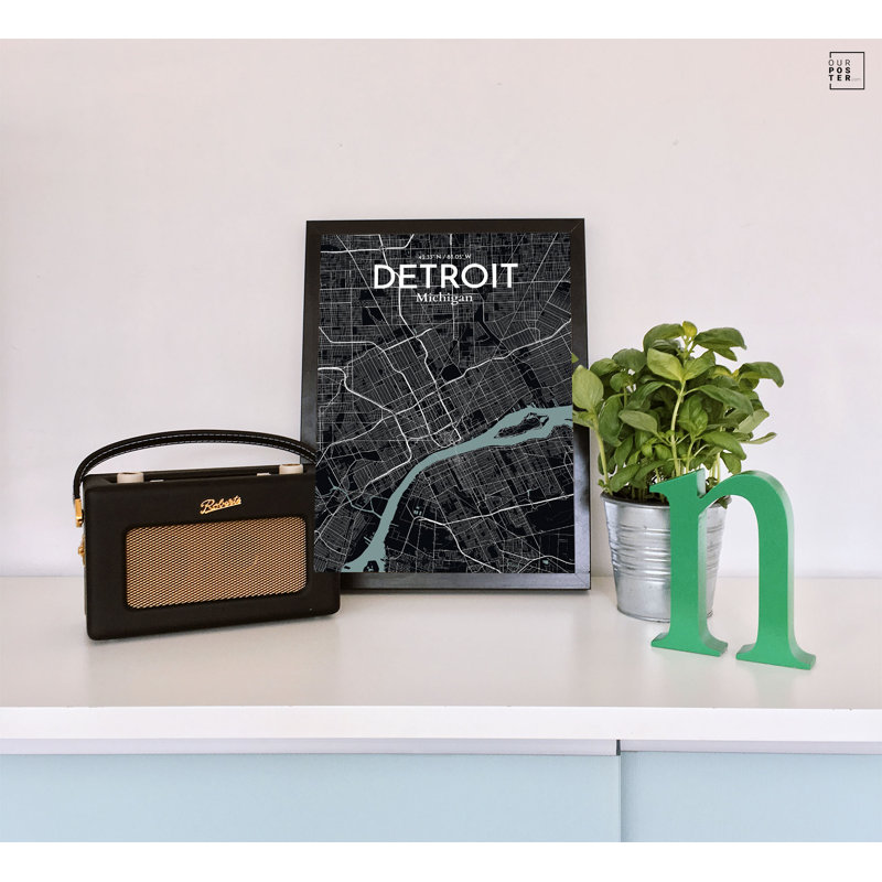 « détroit city map », reproduction d’impression sur affiche en minuit, H 17 po x l 11 po