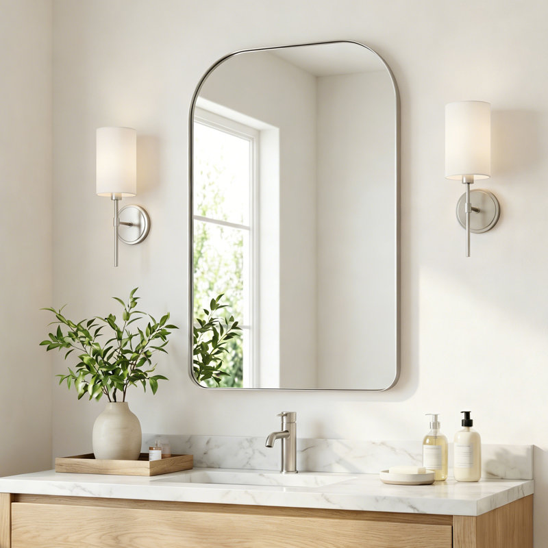 Miroir de salle de bain rectangulaire à large arche | Cadre en acier inoxydable, 36 po x 24 po, Nickel brossé