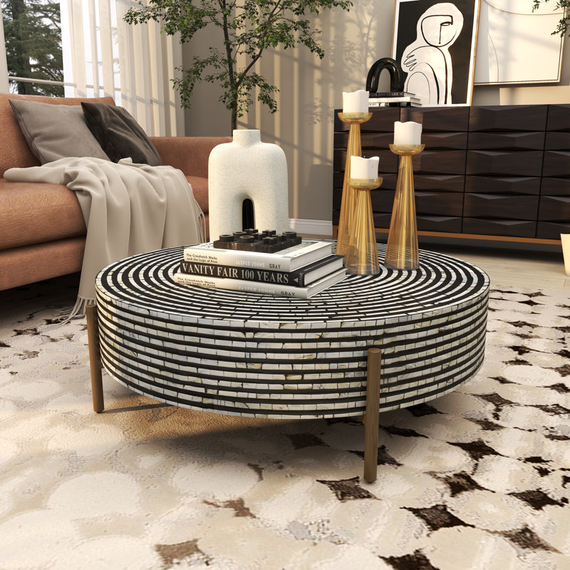 Maly Round Mother of Pearl Coffee Table, Gray Top/Black Base