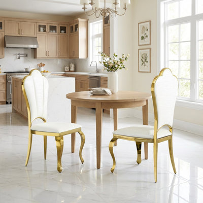 Modern Faux Leather Dining Chairs with Petal Back, Set of 2 Luxury Upholstered Kitchen Chairs with Gold Stainless Steel Legs for Dining Room, Apartment