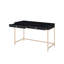 Bureau noir à la mode avec plateau en bois ultrabrillant et 2 tiroirs, poids de produit de 55,41 lb, base à pieds en métal, fermeture manuelle