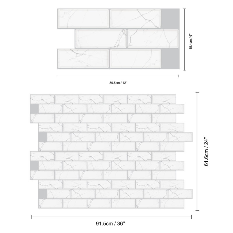 Glossy 3D Sticker Tile Peel & Stick Subway Tile - 15cm x 30cm, White/Marble