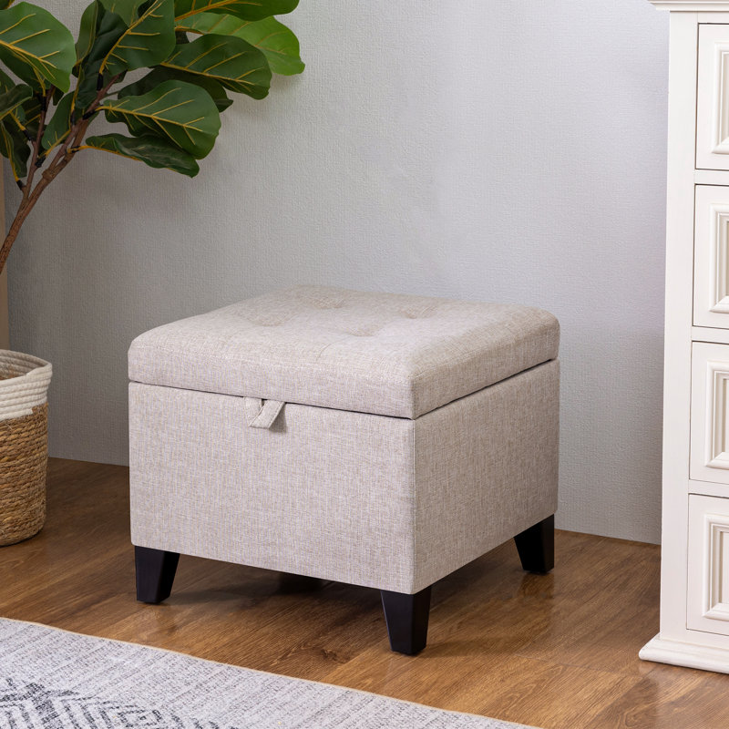 Repose-pieds de rangement carré capitonné de 17,7 po de large Kays, Mélange de lin beige, Noir