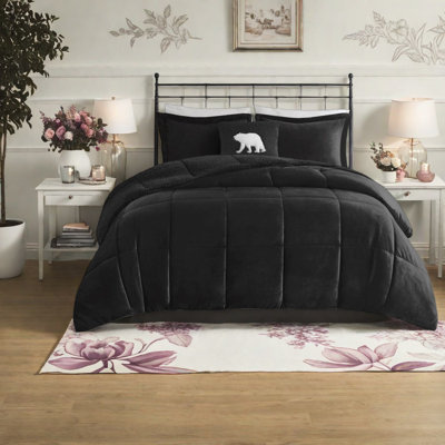 Ensemble de literie douillette moelleux en sherpa 4 pièces, hypoallergénique, double / grand, noir