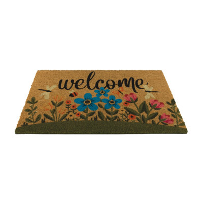 30x18 Natural Coir Fiber and PVC Non Slip Outdoor Doormat with Weather Resistant Textured Surface and Heavy Duty Backing - Flowers