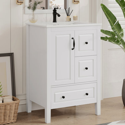36.3"H Retro Bathroom Vanity With Ceramic Sink & Top, Single Bathroom Storage Cabinet With Soft-Closing Door And 3 Drawers, Bath Vanity For Small Space, Single-Hole Faucet (Not Included), White