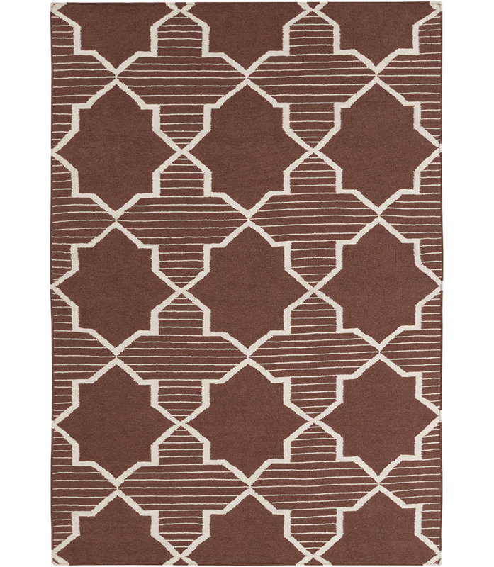 Colier Flatweave Hand-Woven Brown, White Geometric Wool Dhurrie Rug, 3' x 5'