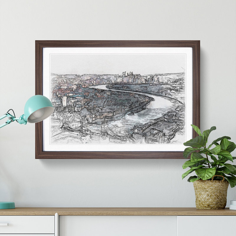 River Thames & London Skyline Sketch - Picture Frame Graphic Art Print, 45cm H x 63cm W x 2cm D, Walnut Framed