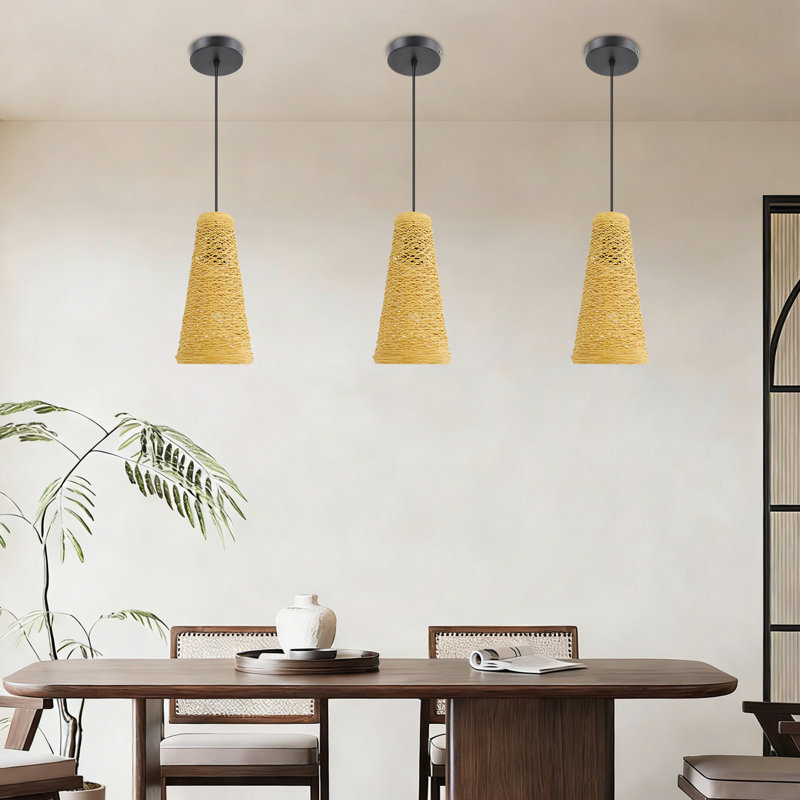 3-Pack Rattan Woven Pendant Lights, Adjustable E26 Hanging Fixtures for Kitchen Island & Dining Room