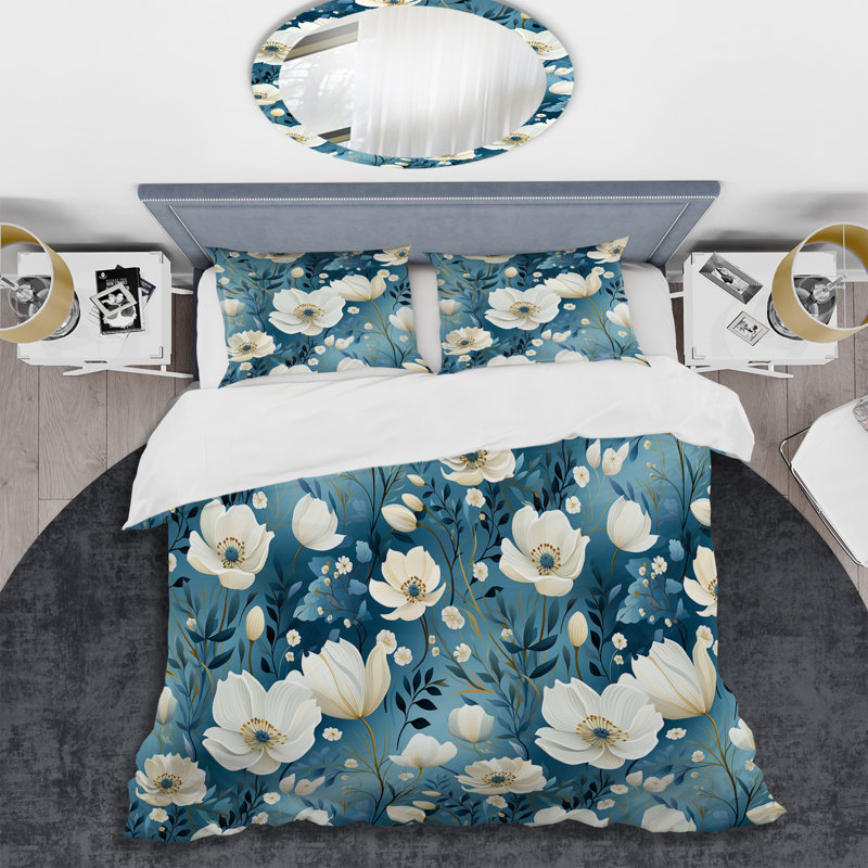 White And Blue Blossoms Meadow Serenity I - Ensemble de housse de couette à motif floral