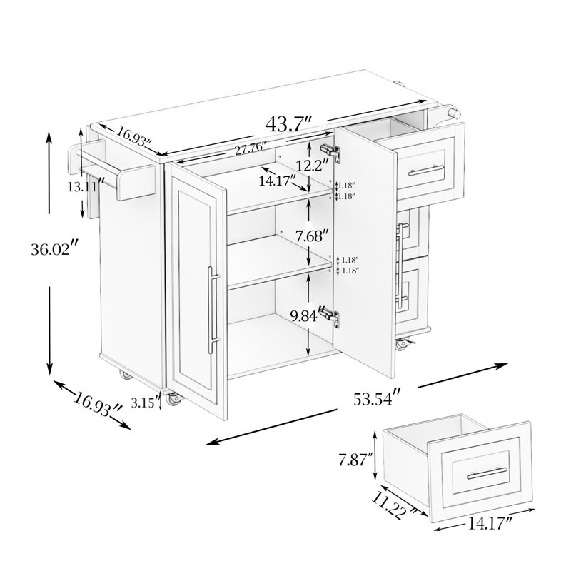 Îlot de cuisine avec plateau en bois massif extensible