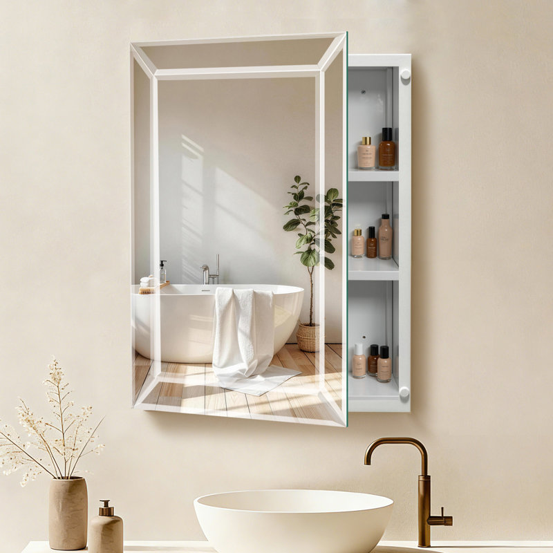 Armoire à pharmacie de salle de bain sans cadre 16 po x 26 po avec miroir biseauté, montage en surface / encastré, blanc