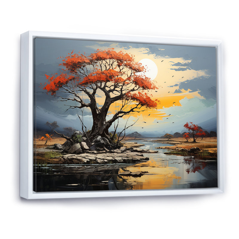 Paysage de baobab rouge sur toile, H 16 po x l 32 po x P 1 po, Cadre flottant blanc