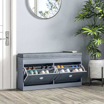 Gray Entryway Shoe Organizer With Bench, 2 Drawers, Cushion, Adjustable Shelf - Stores 8 Pairs Of Shoes Rack Bench For Entryway, Gray, & Frame Fits