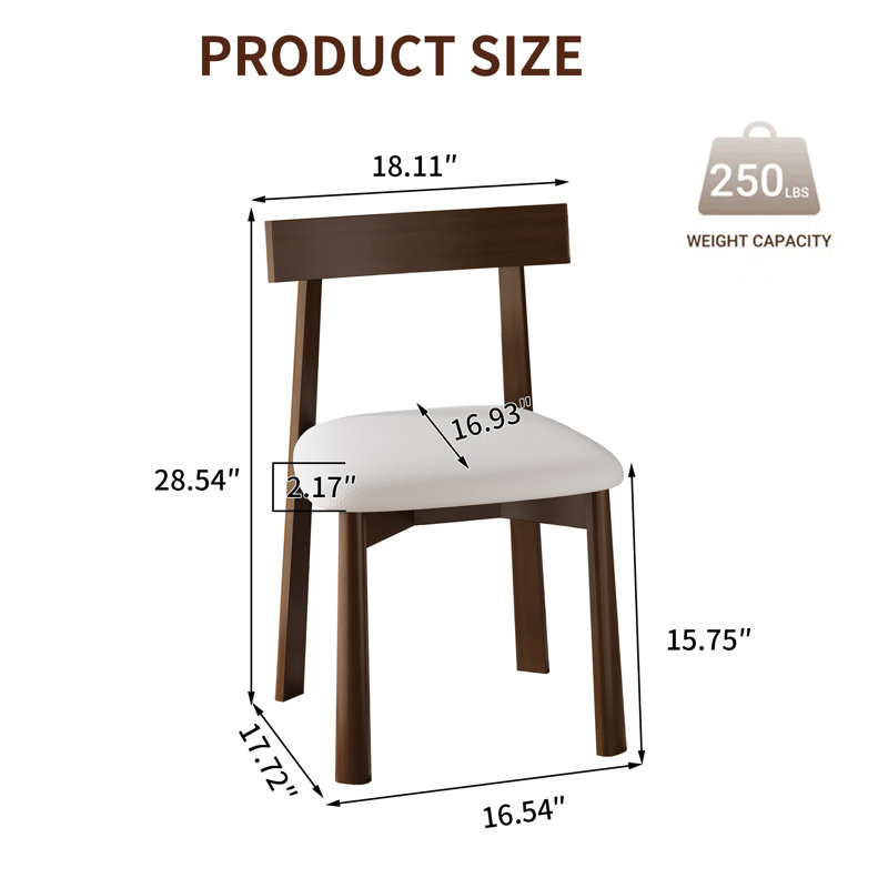 Solid Wood Dining Chairs Set of 2 with Curved Backrest, Mid-Century Modern Faux Leather Kitchen Side Chairs, Low Back Armless Minimalist Dining Furniture