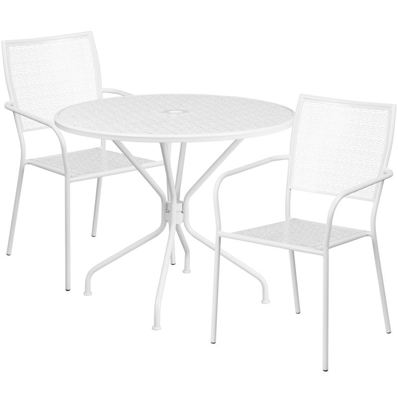 Meranda 35.25'' Round Indoor-Outdoor Steel Patio Table Set with 2 Square Back Chairs, White