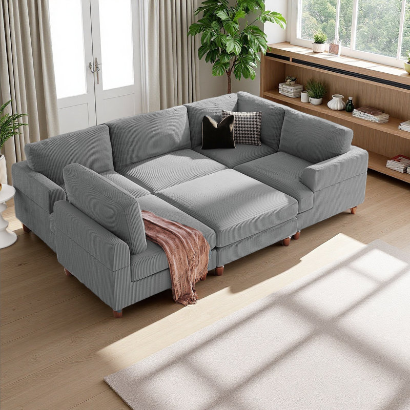 Canapé modulaire modulaire en forme de L avec repose-pieds pour salon, bureau et espace spacieux, Polyester gris