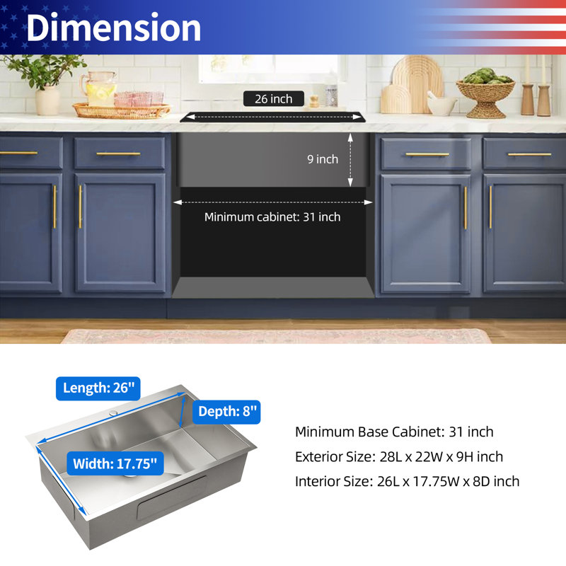 28'' L Single Bowl Stainless Steel Kitchen Sink