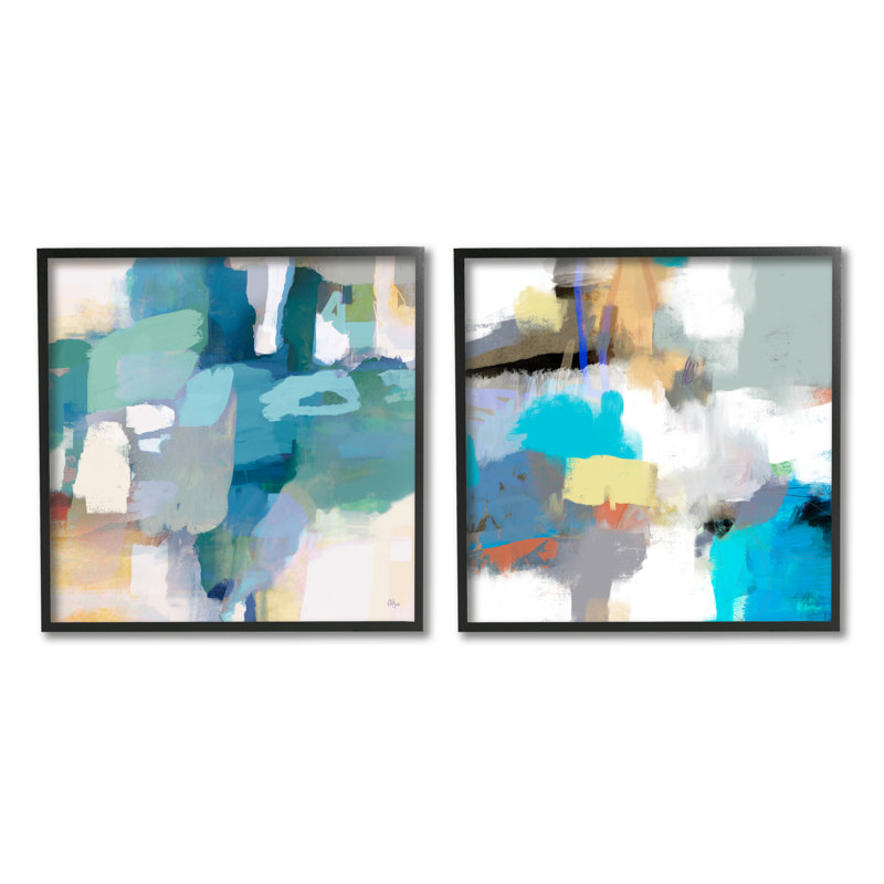 «Modern Blocked Brush Strokes Abstract Collage» par Lisa Ridgers, ensemble de 2 peintures sur cadre flottant