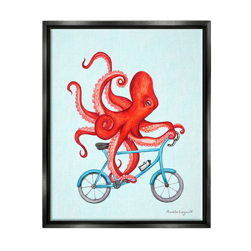 Tentacules de pieuvre rouge sur un vélo bleu par Amelie Legault - reproduction sur toile flottante