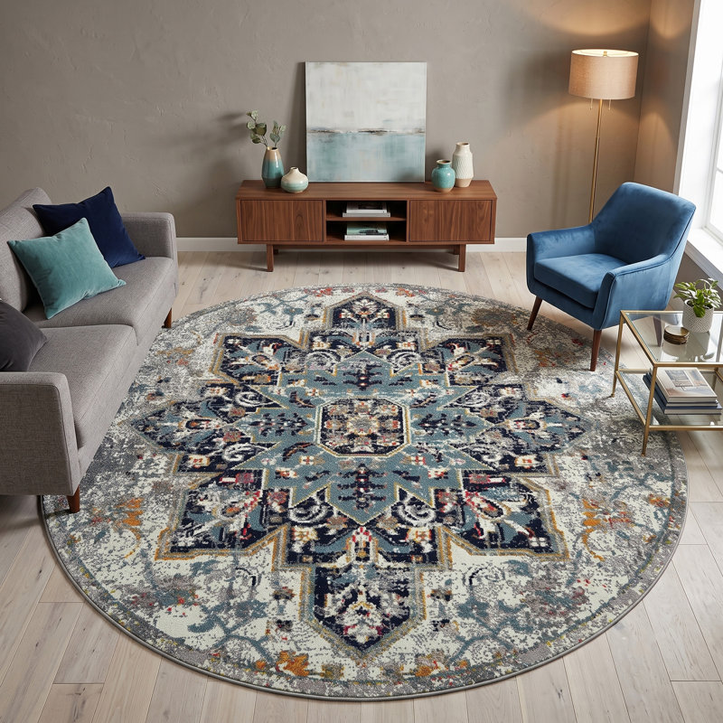 Tapis bleu / gris Miranda, Rond 7 pi 6 po