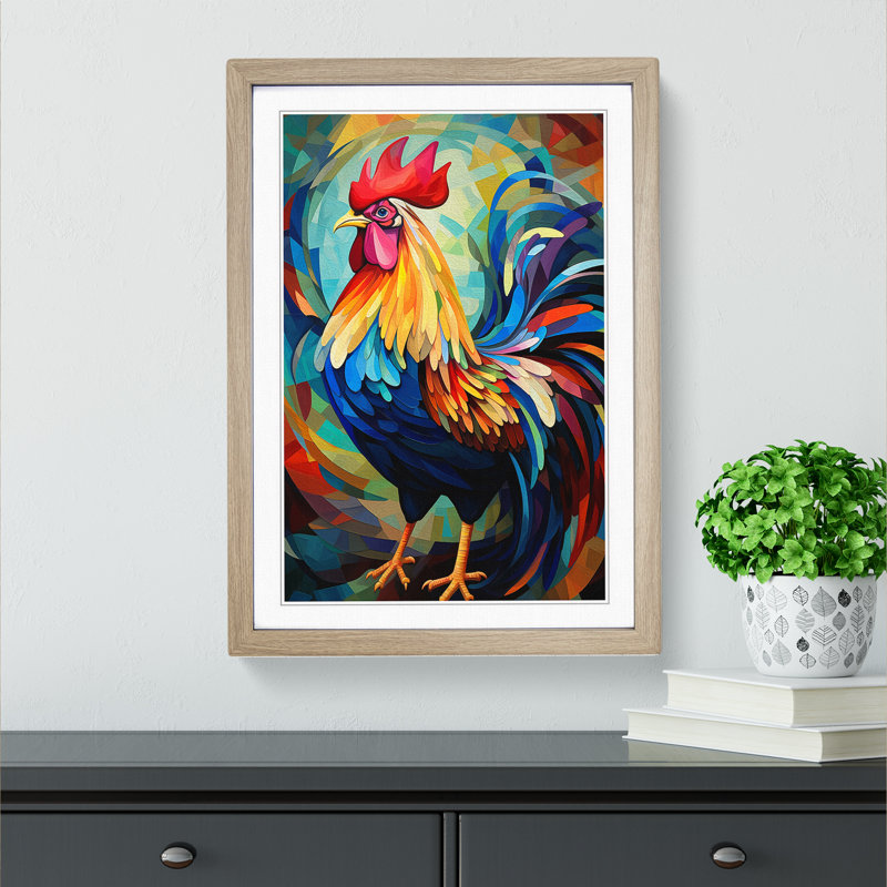 Rooster Orphism - Single Picture Frame Print on Wood, 46cm H x 34cm W x 2cm D, Oak