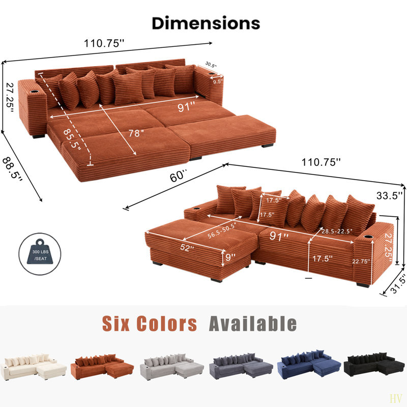 110.75" Modular L Shaped Sofa, Corduroy Fabric Sectional Couch,With A Movable Footstool, Cup Holders,Bring 8 Throw Pillows,Side Pocket,Unfold Into A Bed